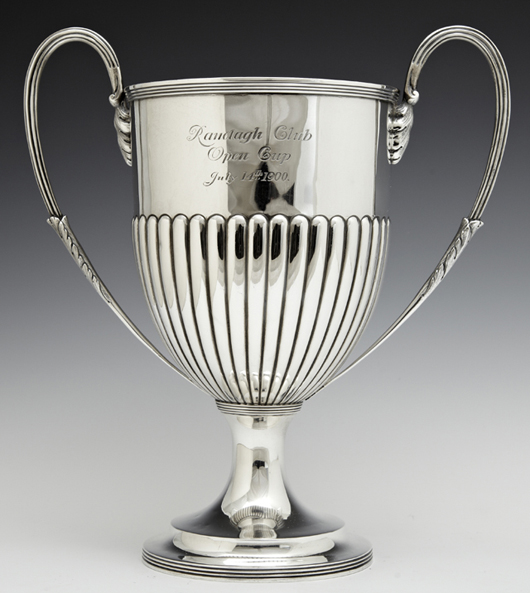 Three pieces of wonderful English sterling silver, such as this loving cup by Daniel and John Welby (London, 1899) will come under the gavel. Crescent City Auction Gallery image.